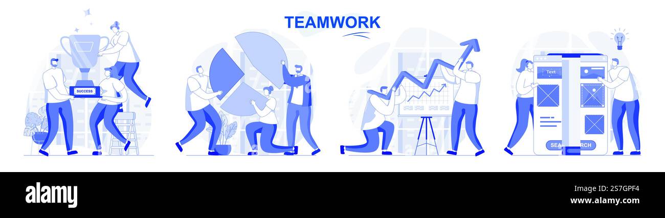 Set isolato per lavoro di squadra con design piatto. Brainstorming, collaborazione, lavoro in ufficio insieme, raccolta di scene. Illustrazione vettoriale per blog, sito Web, app mobile, materiali promozionali. Illustrazione Vettoriale