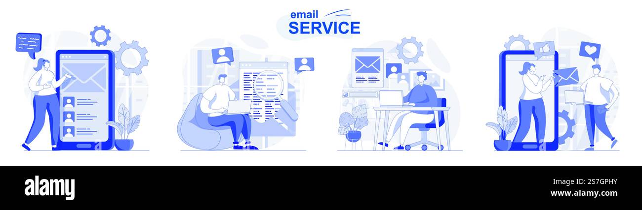 Servizio di posta elettronica isolato con design piatto. Le persone inviano e ricevono lettere, corrispondenza personale, raccolta di scene. Illustrazione vettoriale per blog, sito Web, app mobile, materiali promozionali. Illustrazione Vettoriale