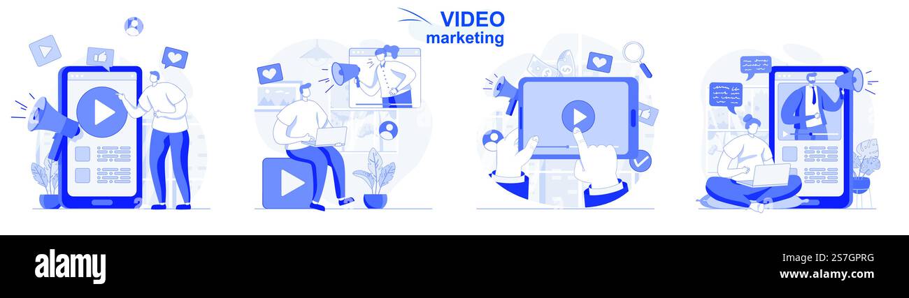 Set isolato per il video marketing con design piatto. Le persone creano e pubblicano contenuti, promozioni online, raccolte di scene. Illustrazione vettoriale per blog, sito Web, app mobile, materiali promozionali. Illustrazione Vettoriale