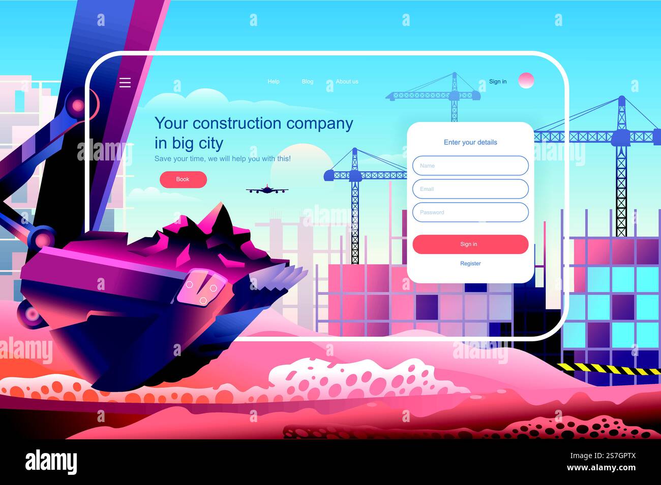 Azienda di costruzioni in concetto di grande città. Layout del sito web per le imprese immobiliari. Investimenti nella costruzione di case, ricostruzione di uffici. Illustrazione vettoriale in design piatto per la landing page Illustrazione Vettoriale