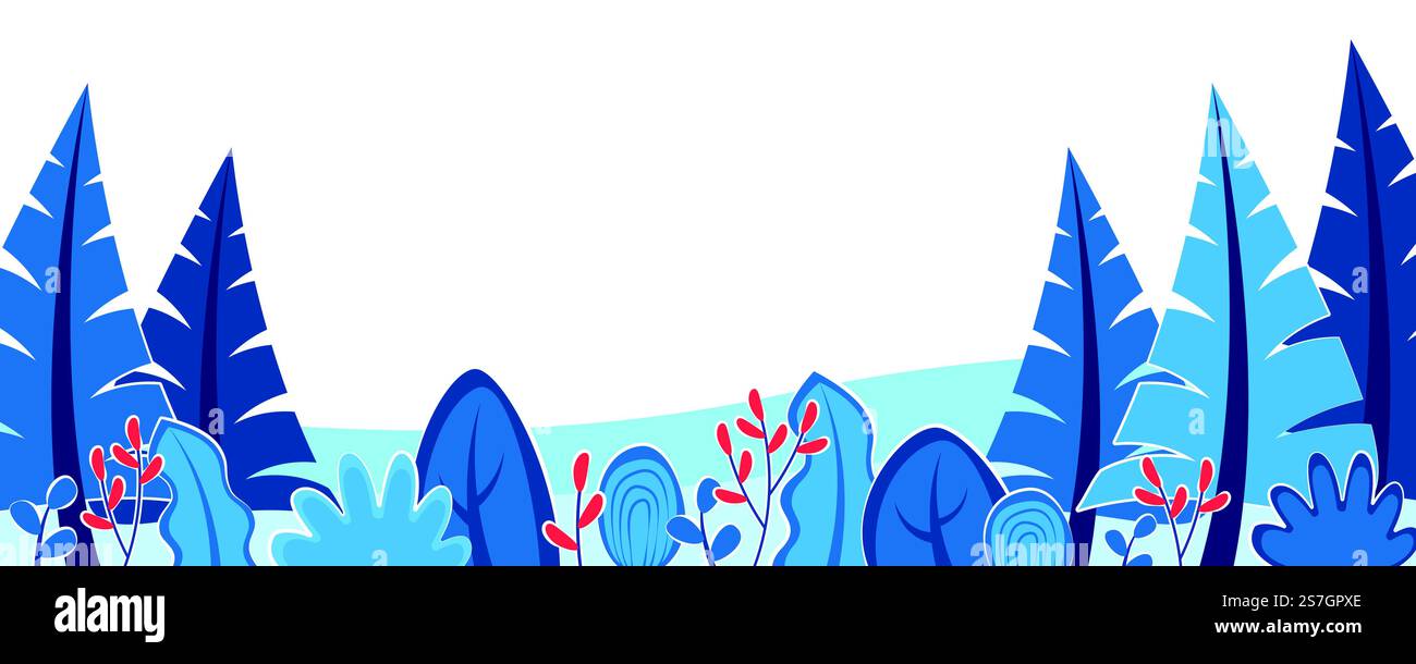 Sfondo naturale invernale con concetto di paesaggio. Striscione orizzontale con legno con alberi sempreverdi, cespugli, bacche rosse. Illustrazione stagionale del vettore di bordo in un design piatto per il sito Web Illustrazione Vettoriale Sfondo naturale invernale con concetto di paesaggio. Striscione orizzontale con legno con alberi sempreverdi, cespugli, bacche rosse. Illustrazione stagionale del vettore di bordo in un design piatto per il sito Web Illustrazione Vettoriale