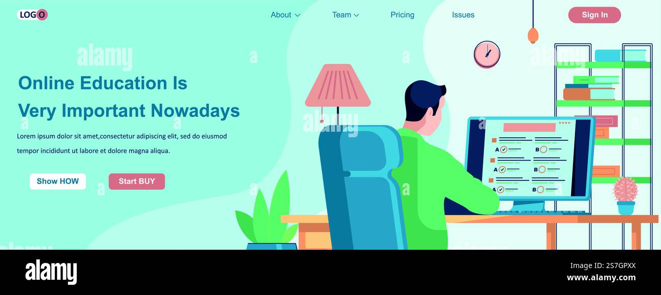 L'istruzione online è molto importante al giorno d'oggi il concetto di banner Web. Lo studente sostiene l'esame dal computer, l'uomo impara dal modello della pagina iniziale. Illustrazione vettoriale con i caratteri delle persone in un design piatto Illustrazione Vettoriale