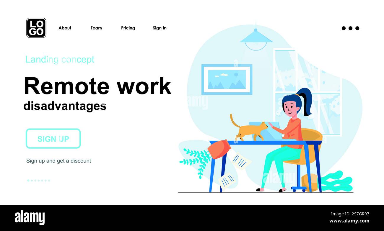 Il lavoro in remoto svantaggi il concetto Web. Una donna lavora al computer portatile e distratta dal gatto in casa. Modello di scene di persone. Illustrazione vettoriale con attività di carattere in design piatto per il sito Web Illustrazione Vettoriale