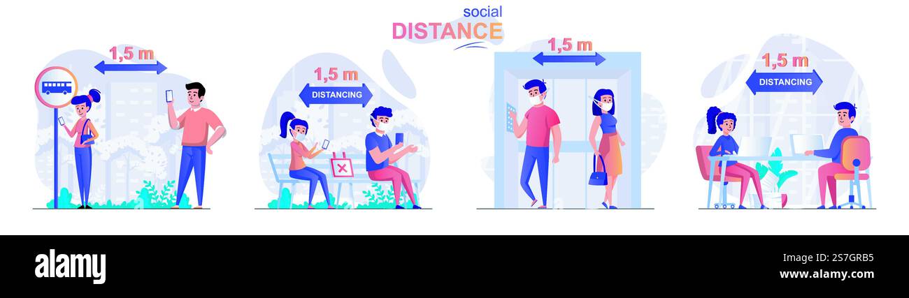 Scenografie concettuali a distanza sociale. Uomini e donne mantengono una distanza di sicurezza nei luoghi pubblici, prevenendo il coronavirus. Raccolta di persone attività. Illustrazione vettoriale dei caratteri in un design piatto Illustrazione Vettoriale Scenografie concettuali a distanza sociale. Uomini e donne mantengono una distanza di sicurezza nei luoghi pubblici, prevenendo il coronavirus. Raccolta di persone attività. Illustrazione vettoriale dei caratteri in un design piatto Illustrazione Vettoriale