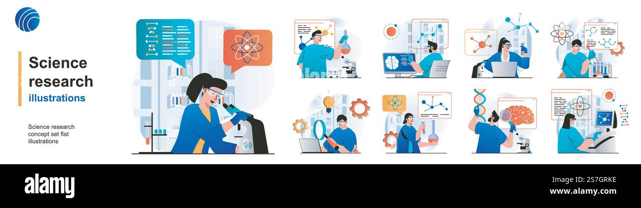 Set isolato per la ricerca scientifica. Gli scienziati effettuano test sulle attrezzature di laboratorio. Collezione di scene dal design piatto. Illustrazione vettoriale per blog, sito Web, app mobile, materiali promozionali. Illustrazione Vettoriale