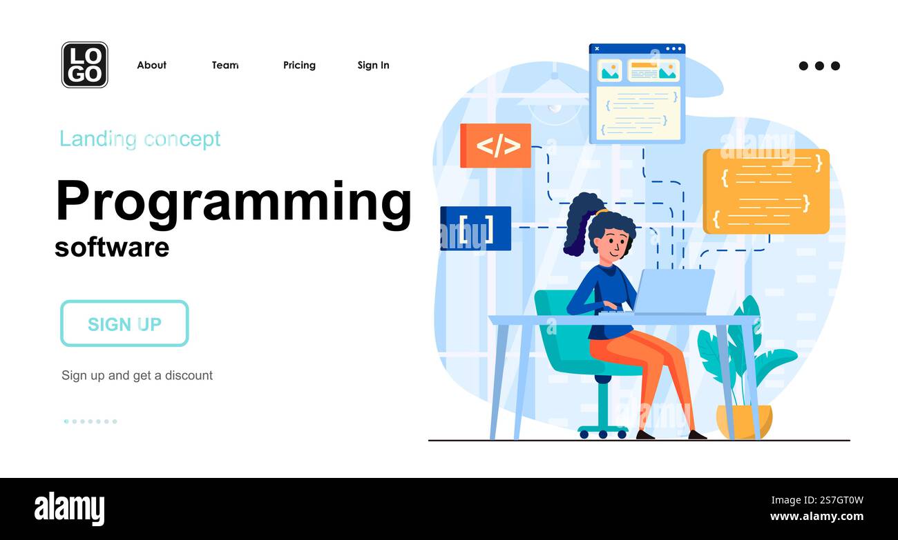 Programmazione del software Web Concept. Donna che codifica codice, programmi in diversi linguaggi di programmazione. Modello della scena delle persone. Illustrazione vettoriale con attività di carattere in design piatto per il sito Web Illustrazione Vettoriale