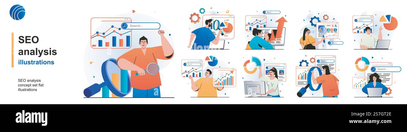 Set isolato analisi SEO. Analisi dei dati, strategia di successo, ottimizzazione. Collezione di scene dal design piatto. Illustrazione vettoriale per blog, sito Web, app mobile, materiali promozionali. Illustrazione Vettoriale