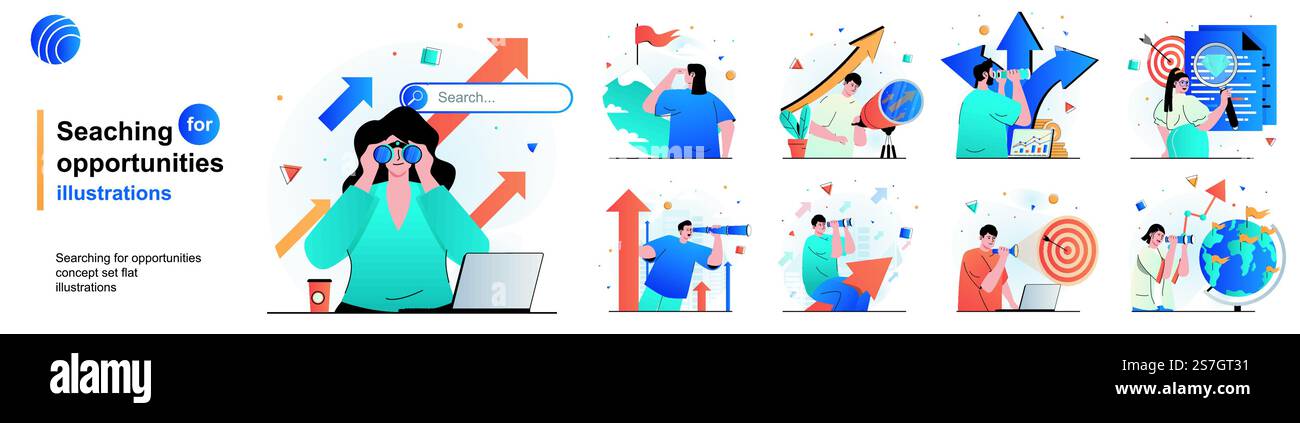 Ricerca di un insieme isolato di opportunità. Gestione delle risorse umane e delle risorse umane. Collezione di scene dal design piatto. Illustrazione vettoriale per blog, sito Web, app mobile, materiali promozionali. Illustrazione Vettoriale