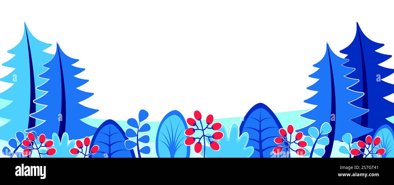 Sfondo naturale invernale con concetto di paesaggio. Striscione orizzontale con abeti, cespugli con bacche rosse. Confine elementi stagionali. Illustrazione vettoriale in design piatto per il sito Web Illustrazione Vettoriale Sfondo naturale invernale con concetto di paesaggio. Striscione orizzontale con abeti, cespugli con bacche rosse. Confine elementi stagionali. Illustrazione vettoriale in design piatto per il sito Web Illustrazione Vettoriale