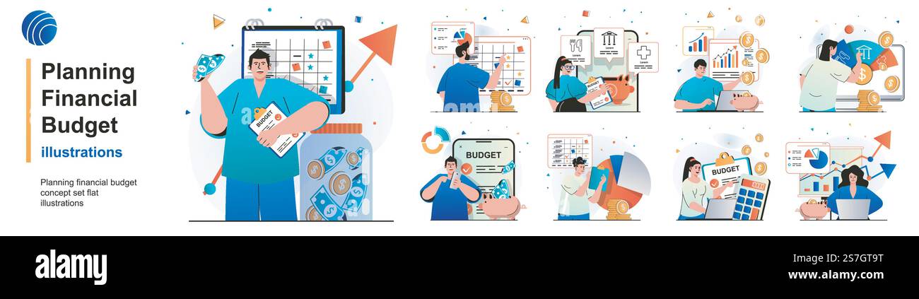 Pianificazione budget finanziario insieme isolato. Analisi contabile e risparmi. Collezione di scene dal design piatto. Illustrazione vettoriale per blog, sito Web, app mobile, materiali promozionali. Illustrazione Vettoriale