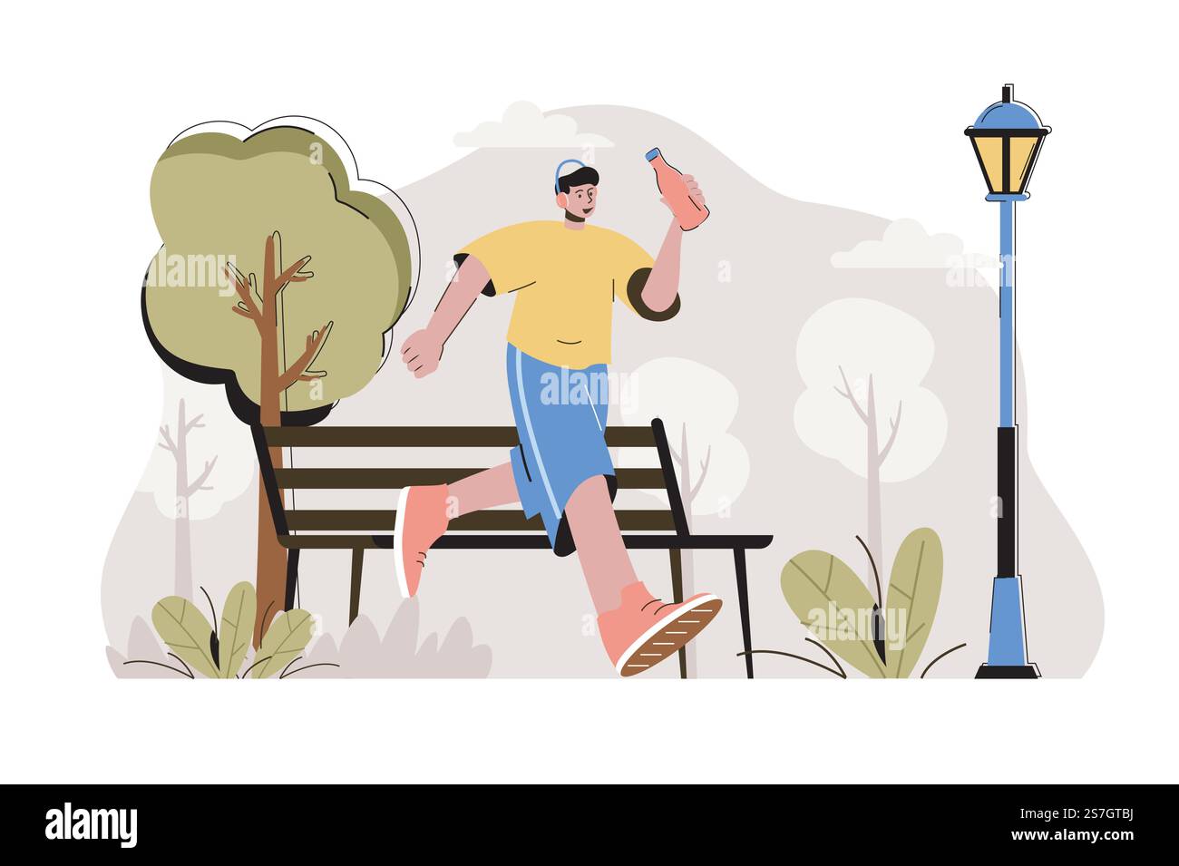 Concetto di corsa. Uomo che corre nel parco, situazione di attività sportive. Allenamento cardio all'aperto, preparazione alla maratona. Illustrazione vettoriale con design a carattere piatto per sito Web e sito mobile Illustrazione Vettoriale