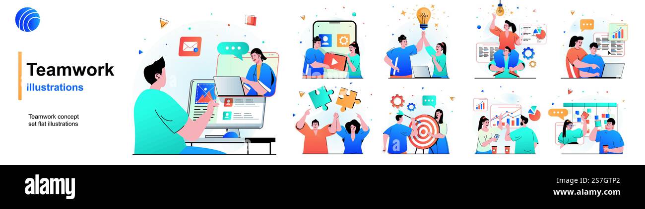 Set isolato per lavoro di squadra. I colleghi lavorano insieme, brainstorming, collaborazione. Collezione di scene dal design piatto. Illustrazione vettoriale per blog, sito Web, app mobile, materiali promozionali. Illustrazione Vettoriale