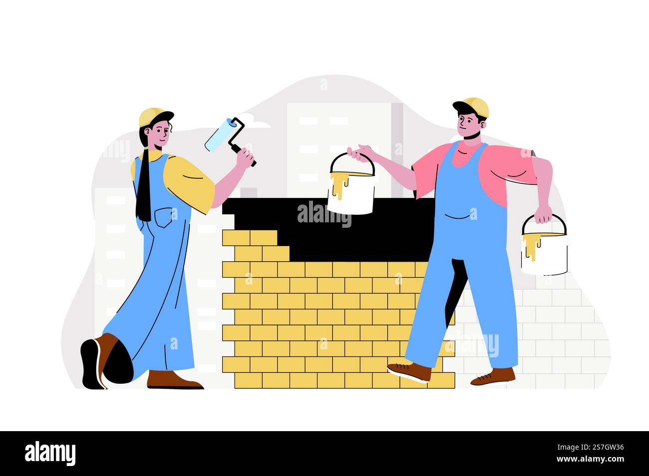 Concetto di team di costruzione. Pittori dipingono pareti, costruttori lavorano sulla situazione del cantiere. La scena degli affari immobiliari. Illustrazione vettoriale con design a carattere piatto per sito Web e sito mobile Illustrazione Vettoriale