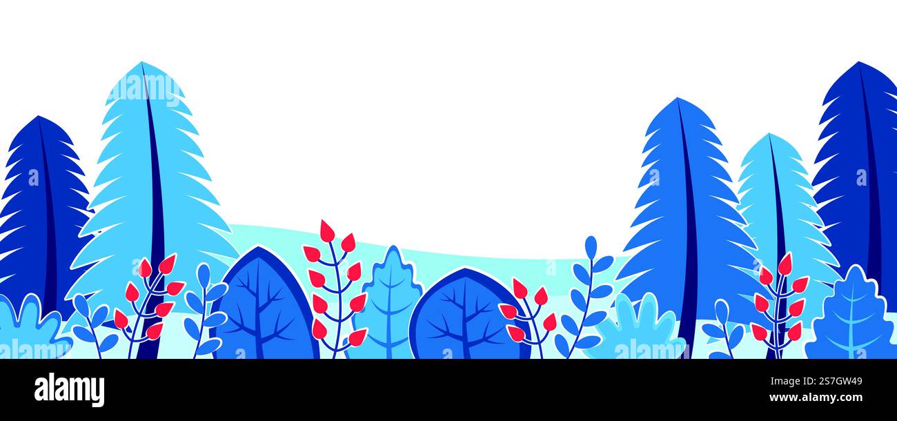Sfondo naturale invernale con concetto di paesaggio. Banner a rete con bordo orizzontale con legno innevato con pini, cespugli, piante con bacche rosse. Illustrazione vettoriale in design piatto per il sito Web Illustrazione Vettoriale Sfondo naturale invernale con concetto di paesaggio. Banner a rete con bordo orizzontale con legno innevato con pini, cespugli, piante con bacche rosse. Illustrazione vettoriale in design piatto per il sito Web Illustrazione Vettoriale