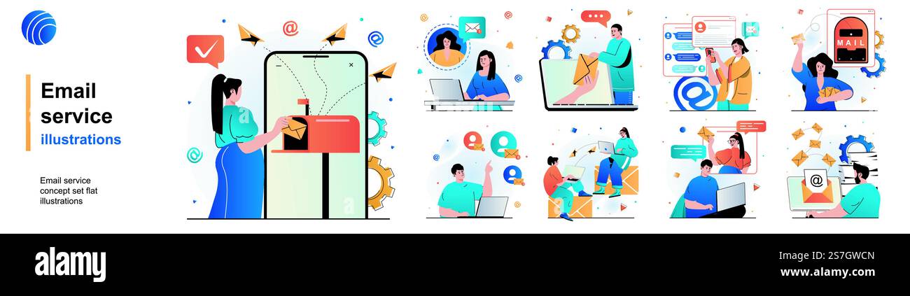 Set isolato servizio e-mail. Pubblicità o newsletter, corrispondenza personale. Collezione di scene dal design piatto. Illustrazione vettoriale per blog, sito Web, app mobile, materiali promozionali Illustrazione Vettoriale