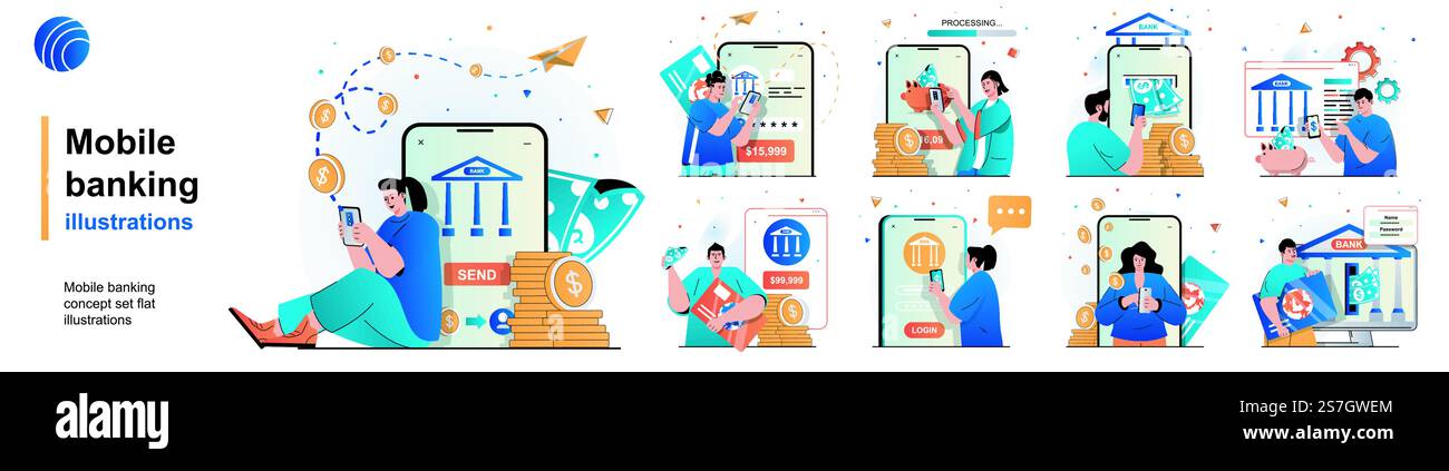 Set isolato per il mobile banking. Pagamenti per servizi che utilizzano l'applicazione mobile. Collezione di scene dal design piatto. Illustrazione vettoriale per blog, sito Web, app mobile, materiali promozionali. Illustrazione Vettoriale