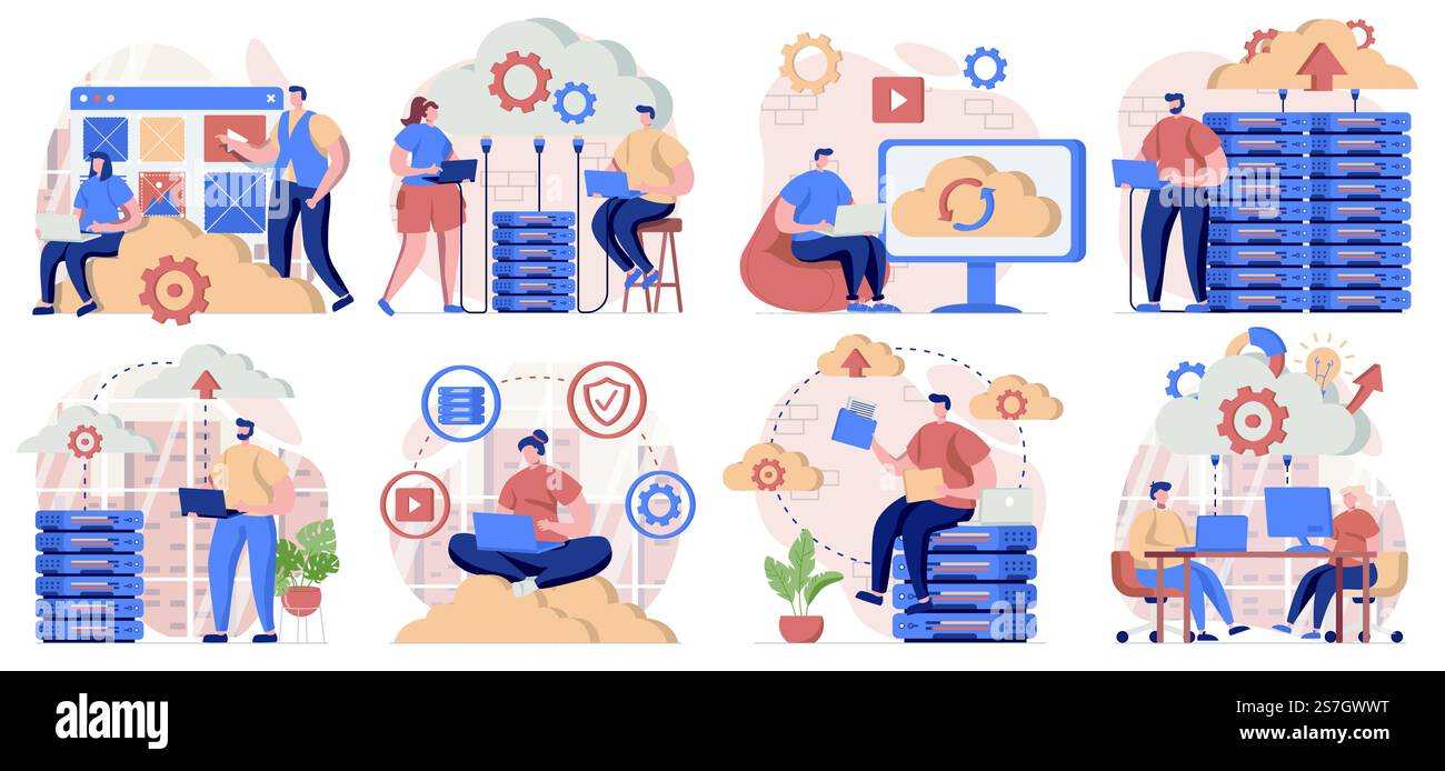 Raccolta di scene isolate nel cloud computing. Le persone caricano file, storage sul server ed elaborazione, con un design piatto. Illustrazione vettoriale per blog, sito Web, app mobile, materiali promozionali. Illustrazione Vettoriale