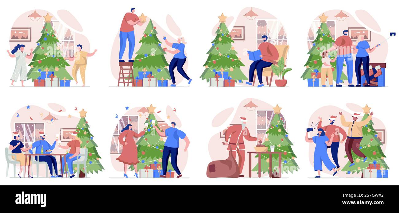 Collezione natalizia di scene isolate. La gente fa pupazzo di neve, regala regali e festeggia le vacanze a casa, con un design piatto. Illustrazione vettoriale per blog, sito Web, app mobile, materiali promozionali Illustrazione Vettoriale