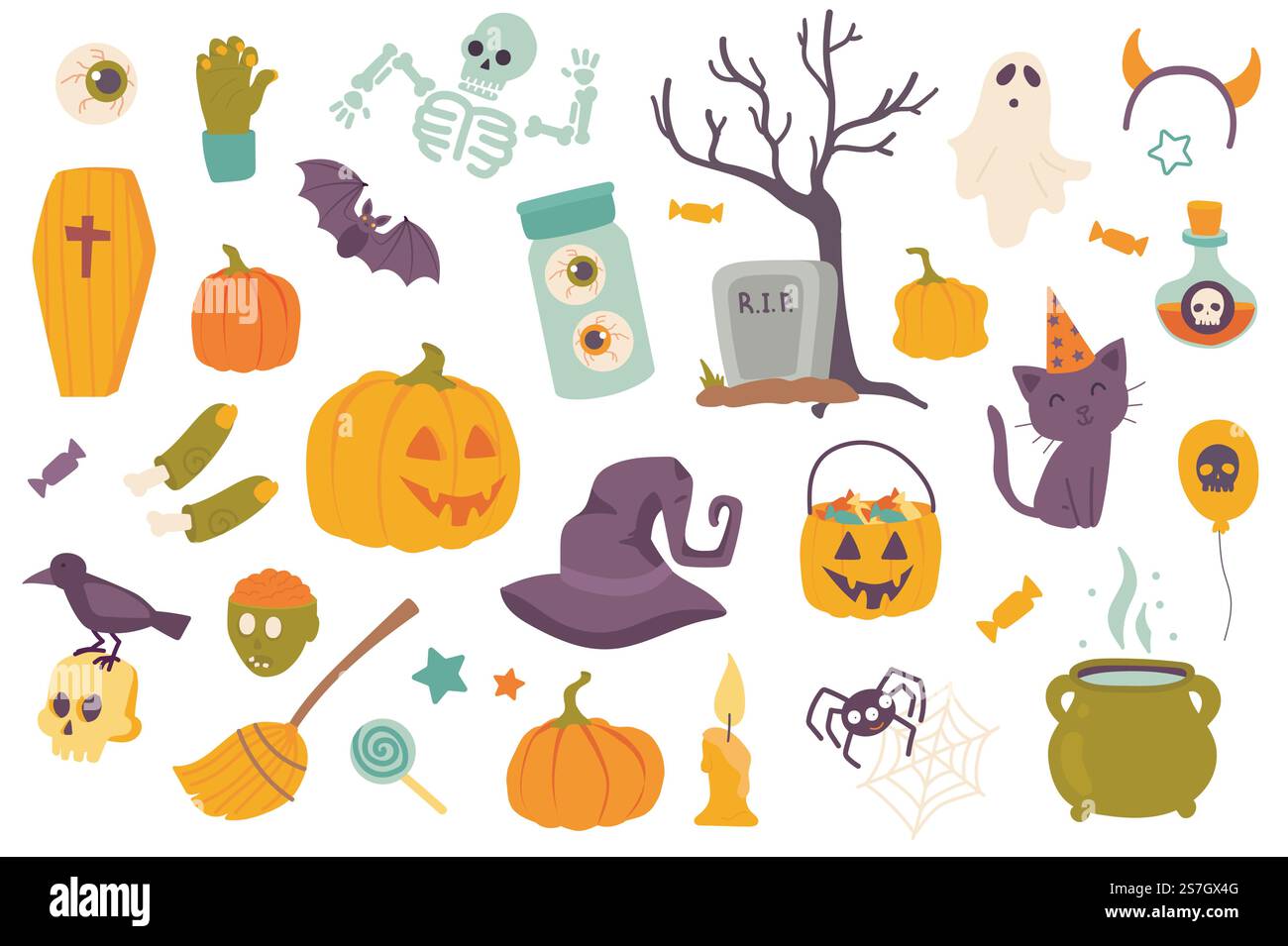Set di oggetti isolati per le festività di Halloween. Collezione di zucca, cimitero, cappello da strega, caramelle, gatto, scheletro, pipistrello, bara, zombie, ragno, fantasma. Illustrazione vettoriale degli elementi di progettazione in un cartone animato piatto Illustrazione Vettoriale
