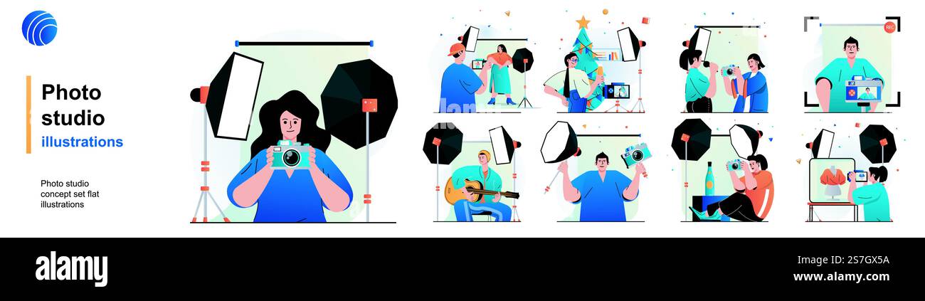 Set isolato per studio fotografico. I fotografi realizzano sessioni fotografiche professionali. Collezione di scene dal design piatto. Illustrazione vettoriale per blog, sito Web, app mobile, materiali promozionali. Illustrazione Vettoriale