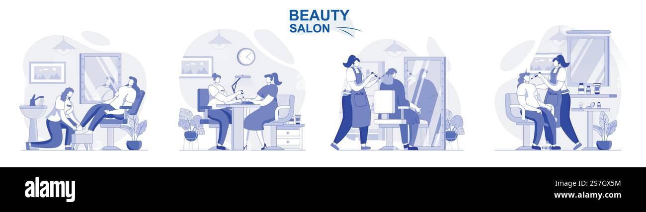 Set isolato per salone di bellezza dal design piatto. Le persone si fanno manicure, pedicure, trucco, parrucchiere, collezione di scene. Illustrazione vettoriale per blog, sito Web, app mobile, materiali promozionali. Illustrazione Vettoriale