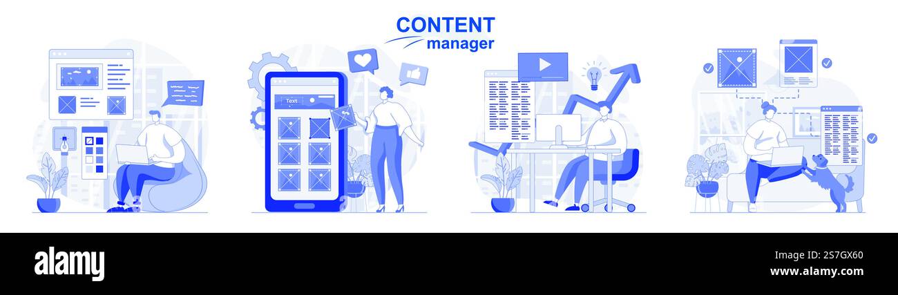 Set isolato per la gestione dei contenuti in design piatto. Persone che disegnano immagini ed elementi grafici sito, raccolta di scene. Illustrazione vettoriale per blog, sito Web, app mobile, materiali promozionali. Illustrazione Vettoriale