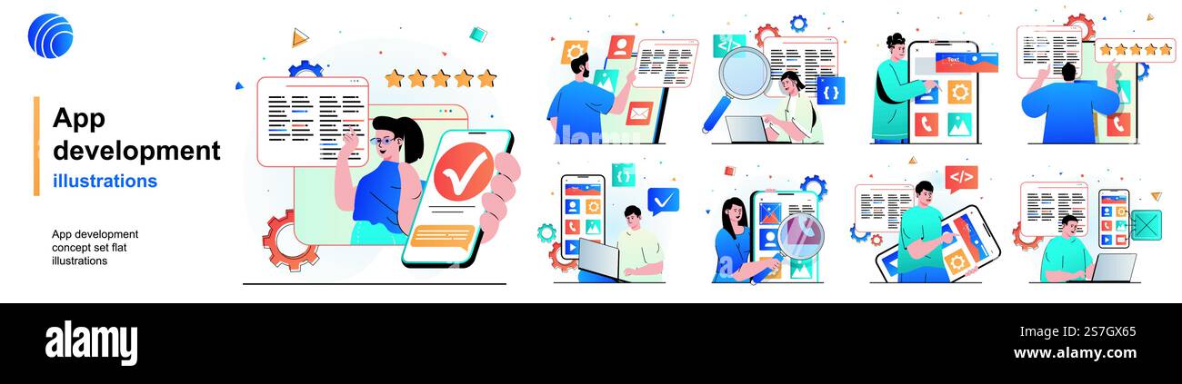 Set isolato per lo sviluppo di app. I programmatori sviluppano software e software. Collezione di scene dal design piatto. Illustrazione vettoriale per blog, sito Web, app mobile, materiali promozionali. Illustrazione Vettoriale