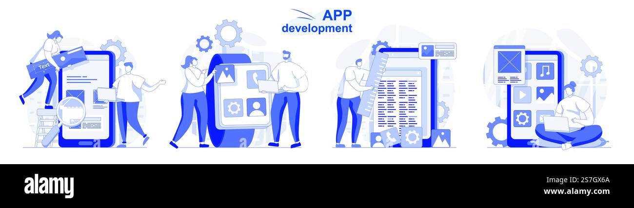 Set isolato per lo sviluppo di app in design piatto. Le persone programmano e sviluppano software per la raccolta di scene da telefono cellulare. Illustrazione vettoriale per blog, sito Web, app mobile, materiali promozionali. Illustrazione Vettoriale