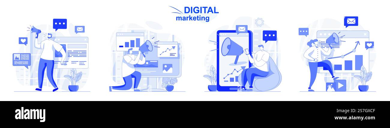 Set isolato per il marketing digitale con design piatto. Le persone attraggono nuovi clienti e promozione online, raccolta di scene. Illustrazione vettoriale per blog, sito Web, app mobile, materiali promozionali. Illustrazione Vettoriale