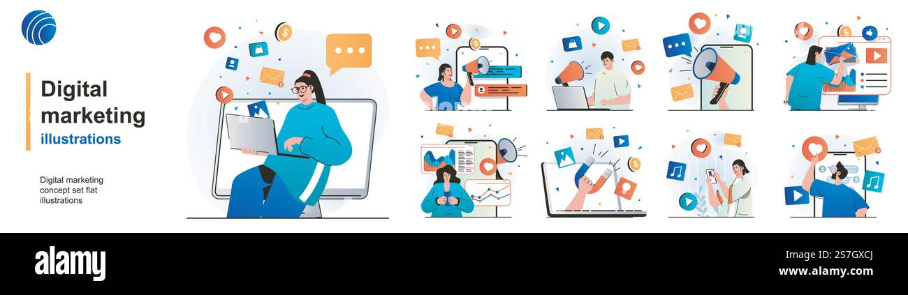 Set isolato per il marketing digitale. Promozione online e attrarre nuovi clienti. Collezione di scene dal design piatto. Illustrazione vettoriale per blog, sito Web, app mobile, materiali promozionali. Illustrazione Vettoriale
