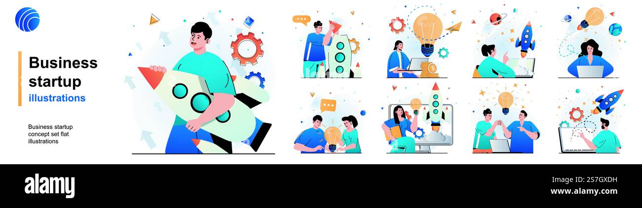 Set isolato per startup aziendali. Sviluppo di una nuova idea di business. Collezione di scene dal design piatto. Illustrazione vettoriale per blog, sito Web, app mobile, materiali promozionali. Illustrazione Vettoriale