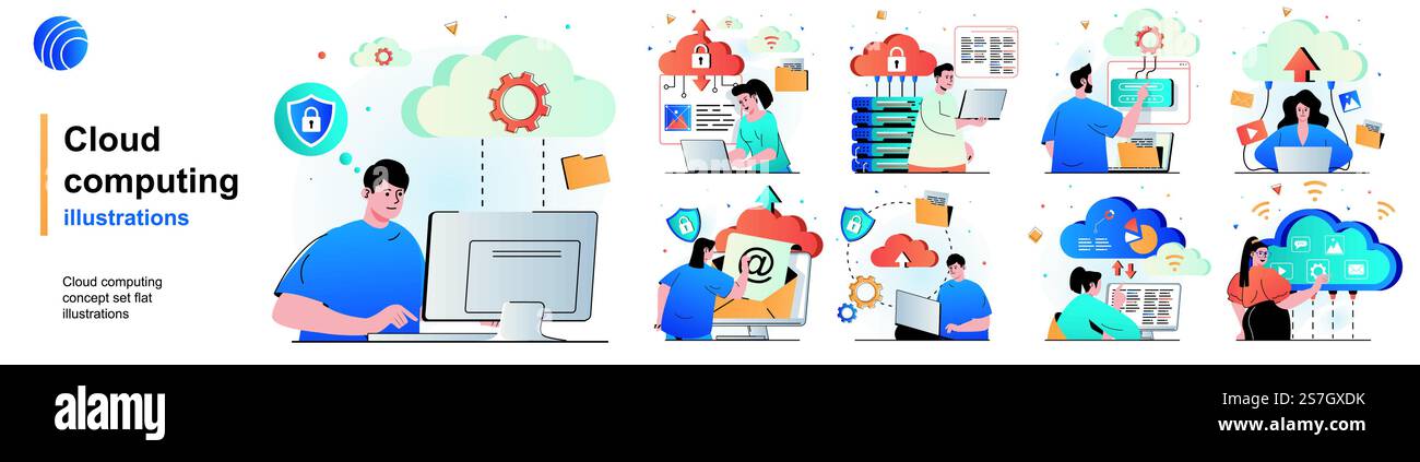 Set isolato di cloud computing. Connessione sicura, storage e tecnologia cloud. Collezione di scene dal design piatto. Illustrazione vettoriale per blog, sito Web, app mobile, materiali promozionali. Illustrazione Vettoriale