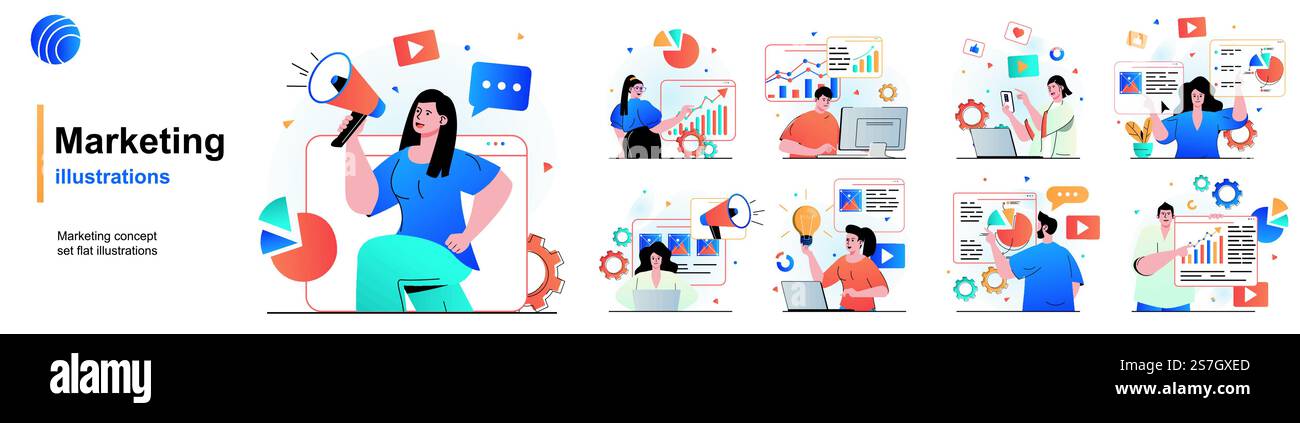 Set isolato di marketing. Strategia di promozione di successo, attrattiva dei clienti. Collezione di scene dal design piatto. Illustrazione vettoriale per blog, sito Web, app mobile, materiali promozionali. Illustrazione Vettoriale