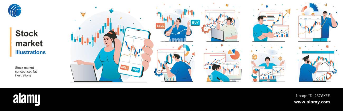 Set isolato per il mercato azionario. Statistiche finanziarie, ricerche di mercato, investimenti. Collezione di scene dal design piatto. Illustrazione vettoriale per blog, sito Web, app mobile, materiali promozionali. Illustrazione Vettoriale