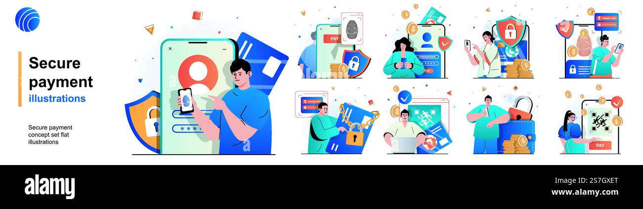 Set isolato di pagamento sicuro. Protezione delle transazioni finanziarie e bancarie. Collezione di scene dal design piatto. Illustrazione vettoriale per blog, sito Web, app mobile, materiali promozionali. Illustrazione Vettoriale