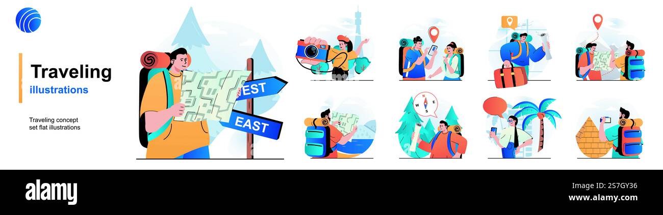 Set isolato in viaggio. Viaggiatori in vacanza, escursionismo, viaggio e avventura. Collezione di scene dal design piatto. Illustrazione vettoriale per blog, sito Web, app mobile, materiali promozionali. Illustrazione Vettoriale