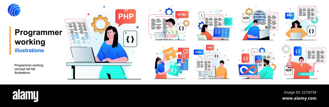 Il programmatore lavora insieme isolato. DevOps, codifica, programmazione dei test del software. Collezione di scene dal design piatto. Illustrazione vettoriale per blog, sito Web, app mobile, materiali promozionali. Illustrazione Vettoriale
