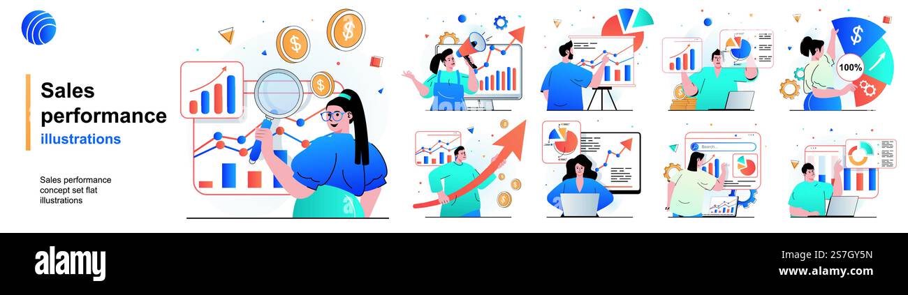 Set isolato per prestazioni di vendita. Crescita dei profitti finanziari, aumento dei guadagni. Collezione di scene dal design piatto. Illustrazione vettoriale per blog, sito Web, app mobile, materiali promozionali. Illustrazione Vettoriale