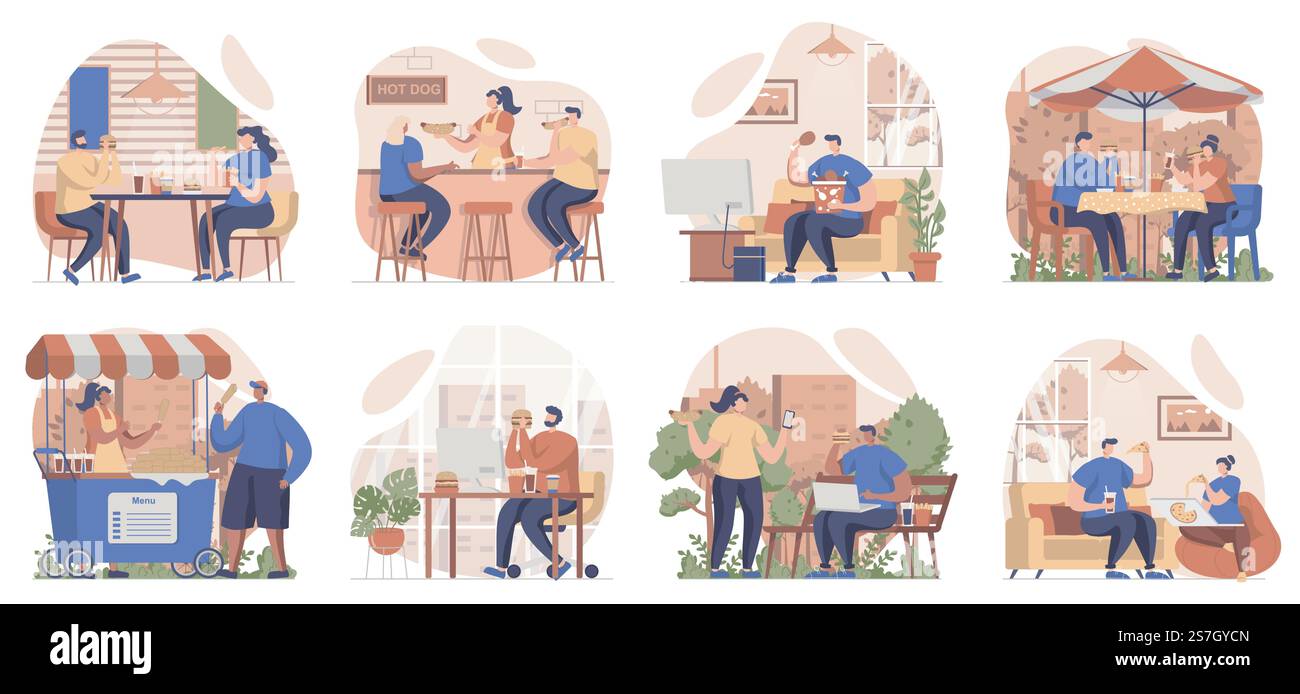 Persone che mangiano fast food raccolta di scene isolate. Clienti in ristoranti e caffetterie di strada, allestiti in un design piatto. Illustrazione vettoriale per blog, sito Web, app mobile, materiali promozionali. Illustrazione Vettoriale