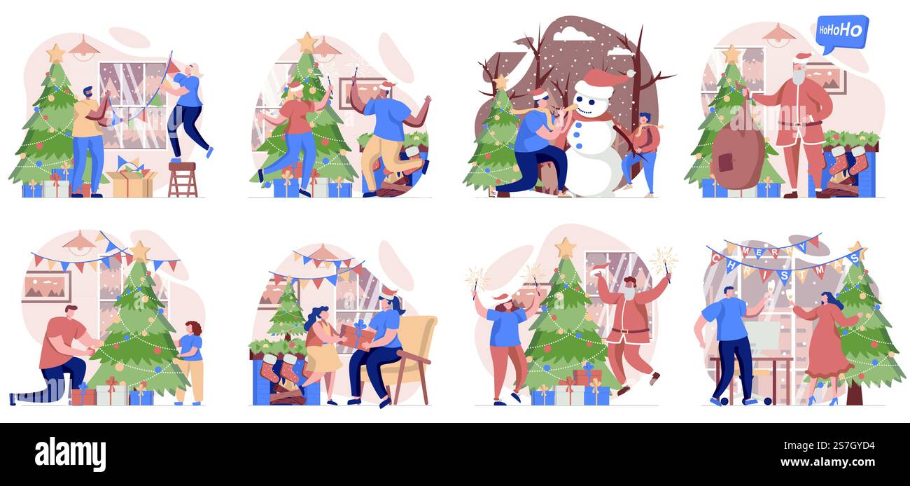 Collezione natalizia di scene isolate. Le persone decorano l'albero delle feste e celebrano le vacanze a casa, con un design piatto. Illustrazione vettoriale per blog, sito Web, app mobile, materiali promozionali. Illustrazione Vettoriale