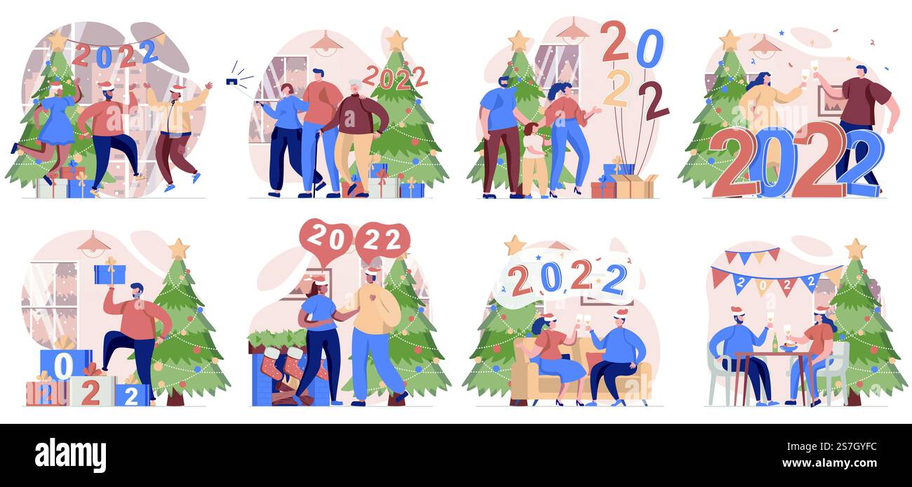 Happy New Year raccolta di scene isolate. Persone che festeggiano il 2022, si divertono alla festa natalizia, con un design piatto. Illustrazione vettoriale per blog, sito Web, app mobile, materiali promozionali. Illustrazione Vettoriale