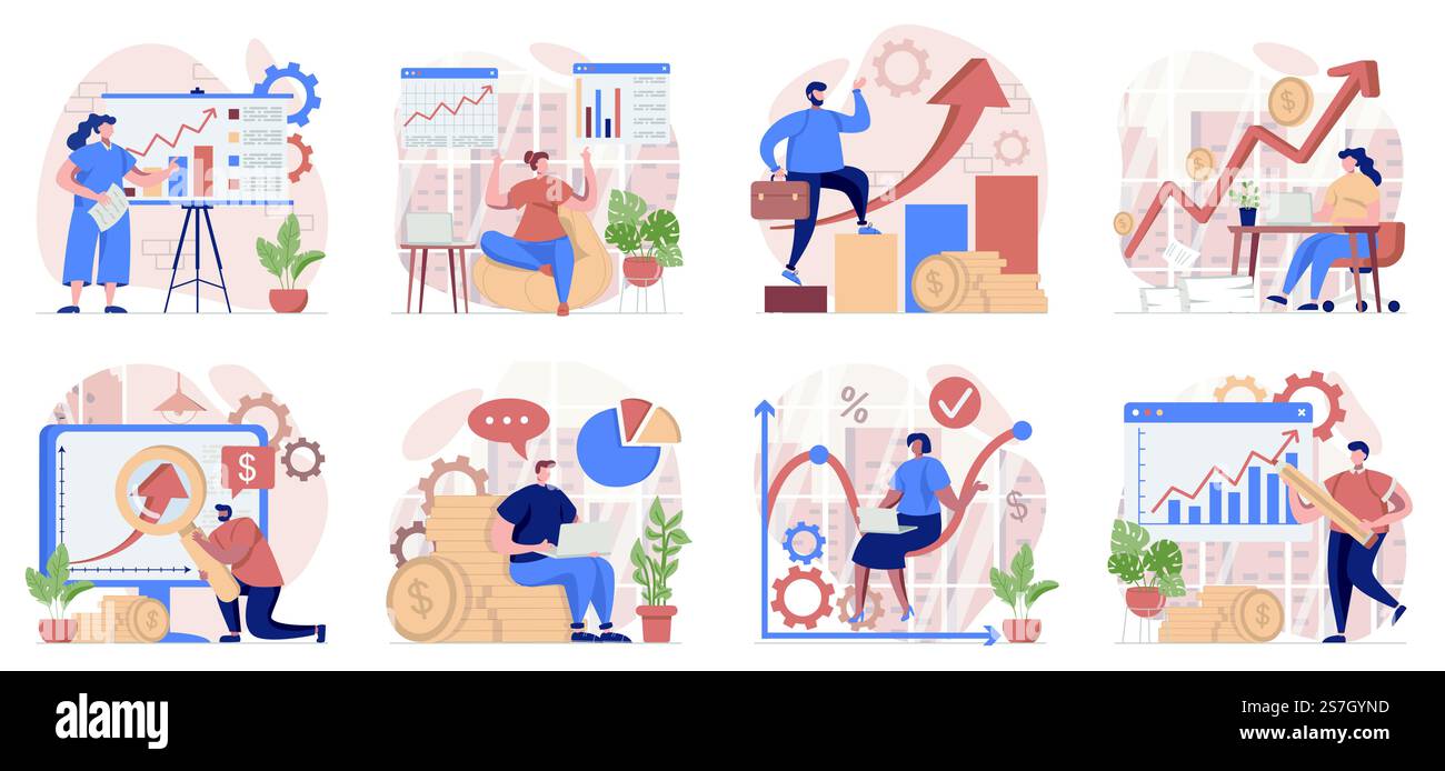 Raccolta delle performance di vendita di scene isolate. Le persone analizzano i dati finanziari e la crescita del reddito, ambientati in un design piatto. Illustrazione vettoriale per blog, sito Web, app mobile, materiali promozionali. Illustrazione Vettoriale
