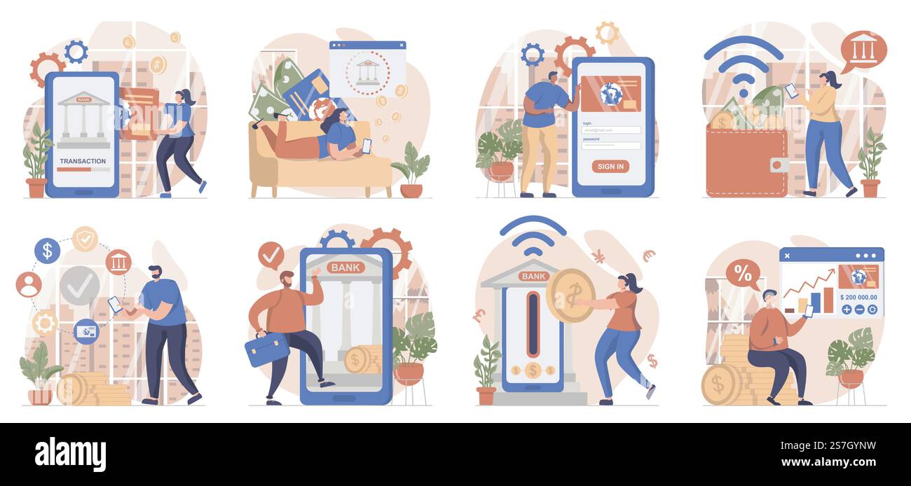 Raccolta di scene isolate per il mobile banking. Le persone pagano, effettuano transazioni e utilizzano i servizi bancari online, con un design piatto. Illustrazione vettoriale per blog, sito Web, app mobile, materiali promozionali. Illustrazione Vettoriale