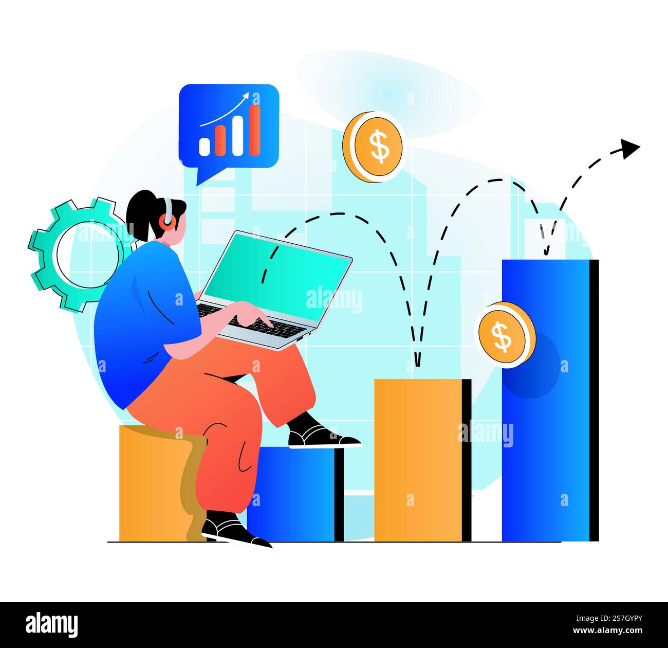 Concetto di crescita aziendale in un moderno design piatto. Donna d'affari che lavora al laptop, dati di analisi e statistiche. Successo finanziario, crescita dei profitti, raggiungimento degli obiettivi di carriera. Illustrazione vettoriale Illustrazione Vettoriale