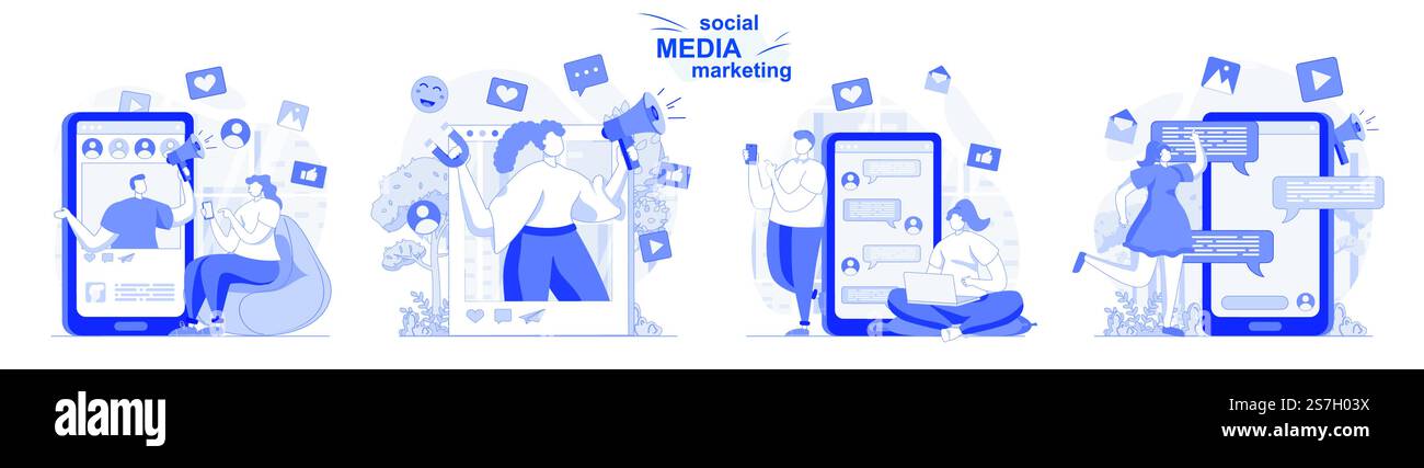 Set isolato di social media marketing in design piatto. Le persone sviluppano strategie di promozione, pubblicità, raccolta di scene. Illustrazione vettoriale per blog, sito Web, app mobile, materiali promozionali. Illustrazione Vettoriale