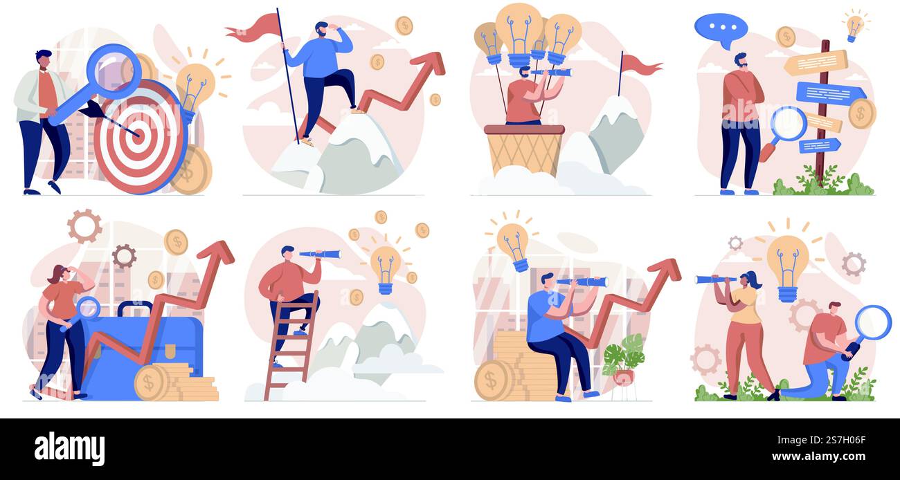 Ricerca di opportunità raccolta di scene isolate. Persone alla ricerca di nuovi progetti e affari, ambientate in un design piatto. Illustrazione vettoriale per blog, sito Web, app mobile, materiali promozionali. Illustrazione Vettoriale