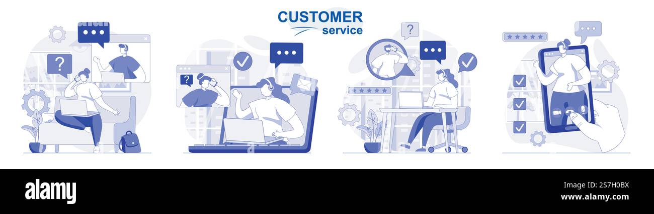 Set isolato per il servizio clienti con design piatto. Consulenza e supporto alle persone, call center per operatori, raccolta di scene. Illustrazione vettoriale per blog, sito Web, app mobile, materiali promozionali. Illustrazione Vettoriale