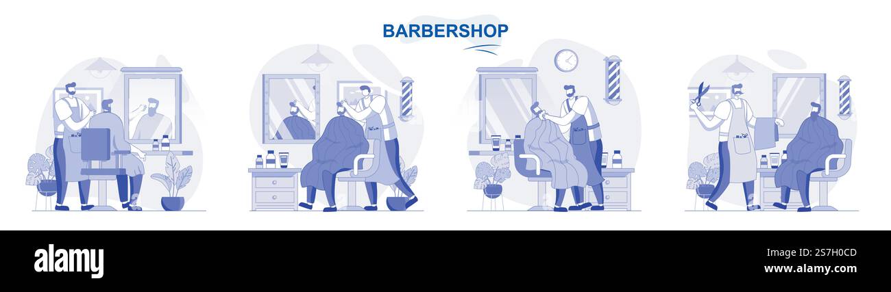 Set isolato per barbiere con design piatto. Le persone vengono tagliate o radono la barba, il parrucchiere crea una collezione di scene. Illustrazione vettoriale per blog, sito Web, app mobile, materiali promozionali. Illustrazione Vettoriale
