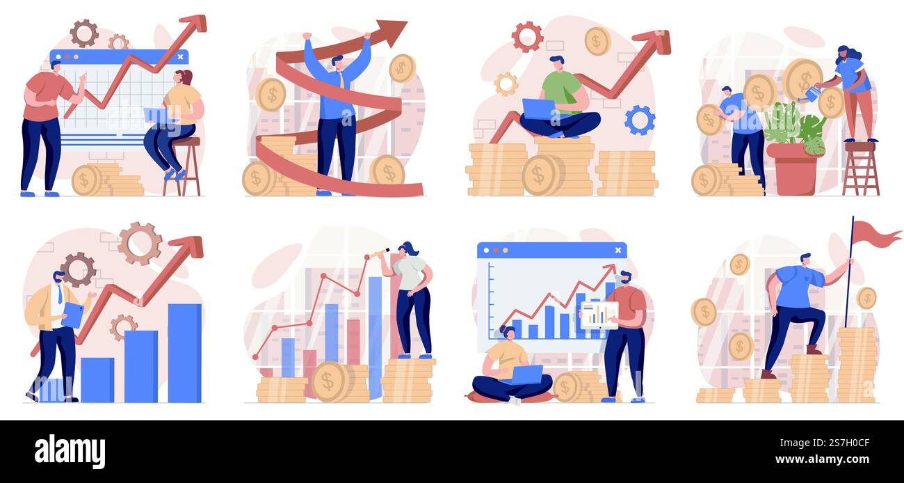 Crescita aziendale raccolta di scene isolate. Le persone analizzano i dati finanziari, la strategia di successo, si basano su un design piatto. Illustrazione vettoriale per blog, sito Web, app mobile, materiali promozionali. Illustrazione Vettoriale
