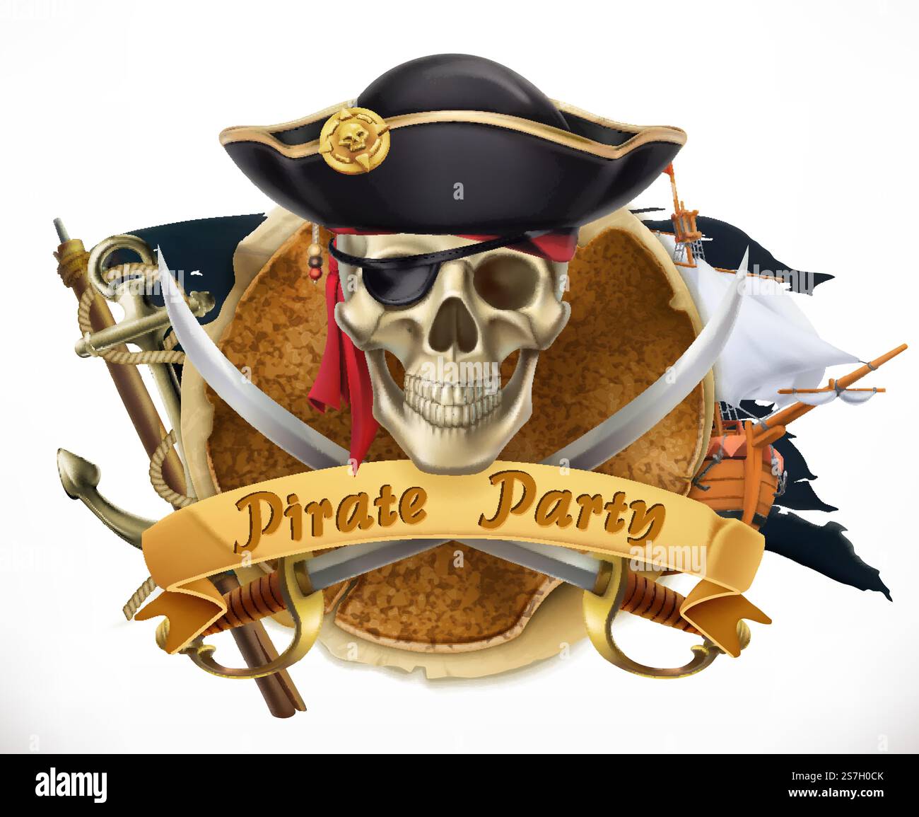 Festa dei pirati. emblema del vettore 3d. Illustrazione Vettoriale